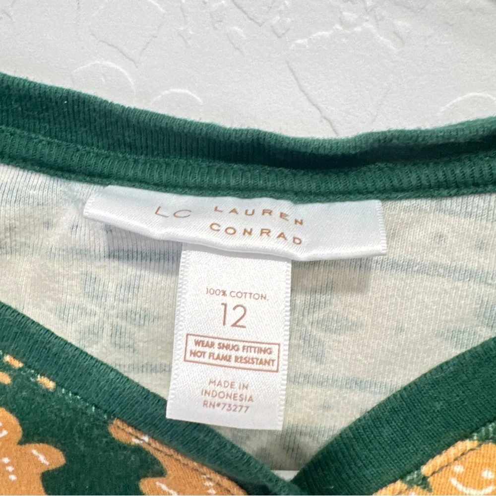 LC Lauren Conrad Pajama Set Girls 12 Green White Gingerbread Man Christmas